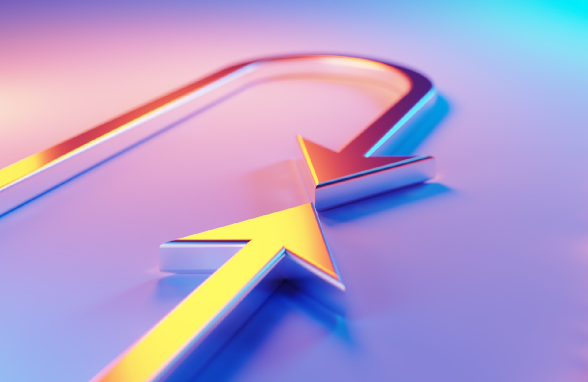 Metallic Arrow Symbols Which Are Illuminated By Blue And Magenta Lights Merge On Blue And Magenta Background